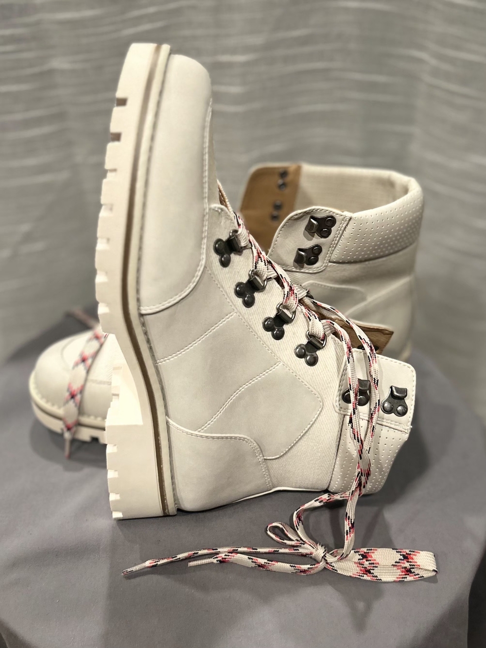 Crown Vintage Cream Lace-Up Combat Boots with Patterned Laces